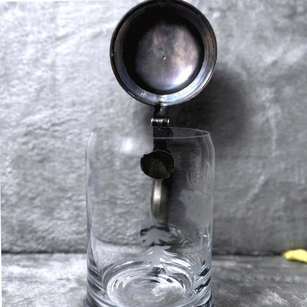 Beer Stein Vintage‎ Etched Glass Pewter Lid Stag Deer Forest Scene German Style